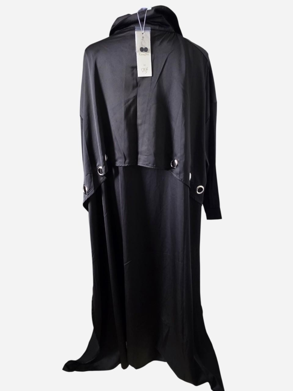 Black Satin Button-Front Long Cape Shirt Jacket